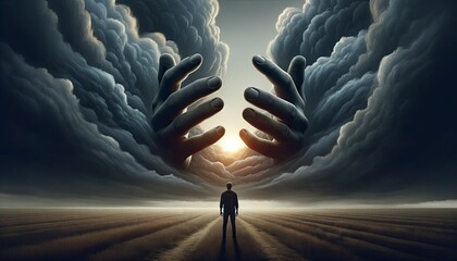 A man in an open field looking up as enormous hands emerge from the clouds, nearly touching a setting sun, capturing the essence of trying to hold onto a fleeting moment of hope. AI Generated - obrazy, fototapety, plakaty