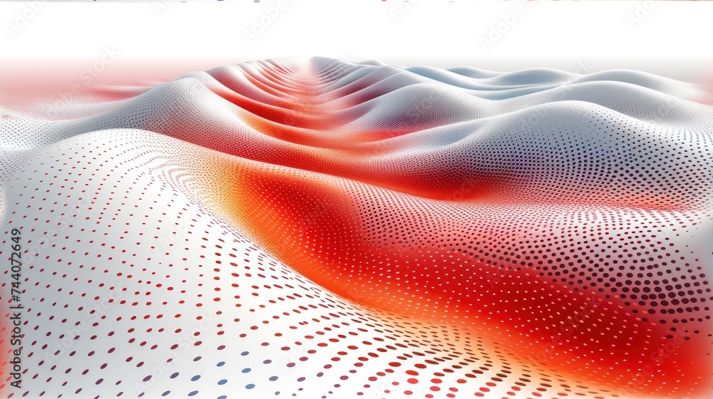 Poster a computer generated image of a wave of red, white, and blue dots on a white background with a white