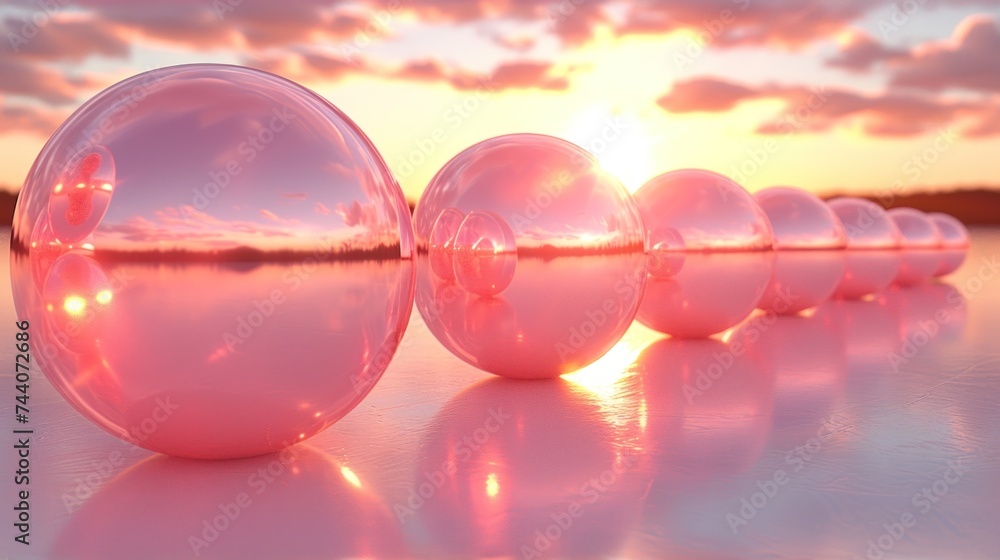 Poster a row of shiny pink balls sitting on top of a table next to a body of water with the sun setting in 