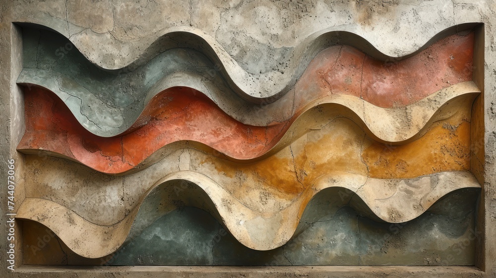Poster a painting of a wave on a wall with a clock on the side of the wall and a clock on the side of the w