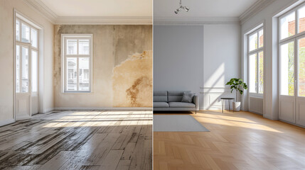Before and after room renovation, wall painting. Modern apartment renovation. The interior of a house being constructed, restoration process, home refurnishment
