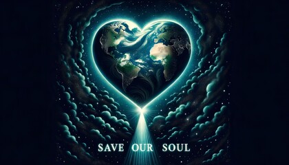 A heart-shaped planet Earth surrounded by space, projecting the words Save Our Soul as a plea for assistance and compassion. AI Generated