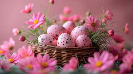 Obraz na płótnie Canvas a basket filled with lots of pink flowers next to a basket filled with small pink and yellow speckled eggs on top of a bed of green grass and pink daisies.