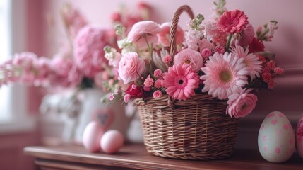  a basket filled with pink flowers sitting on top of a wooden table next to a basket filled with pink flowers on top of a wooden table next to two eggs.