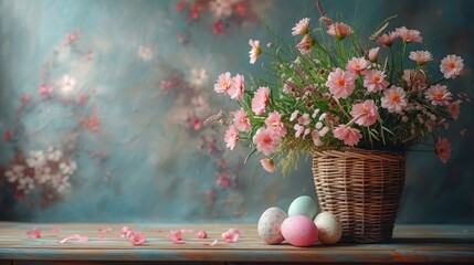 a basket filled with pink flowers sitting on top of a wooden table next to a vase filled with pink and white flowers on top of a wooden table next to a basket with pink flowers. - obrazy, fototapety, plakaty