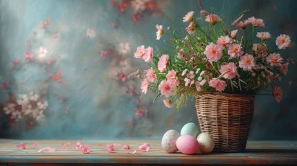 Foto op Plexiglas  a basket filled with pink flowers sitting on top of a wooden table next to a vase filled with pink and white flowers on top of a wooden table next to a basket with pink flowers. © Nadia
