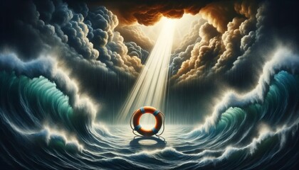 A lifebuoy bobbing amidst powerful sea waves with dark stormy clouds in the background. A distinct beam of sunlight illuminates the lifebuoy, serving as a metaphor for hope and rescue. AI Generated - obrazy, fototapety, plakaty