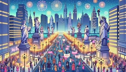 An illustrative cityscape celebrating influential women, with a parade of diverse women and festive elements. AI Generative