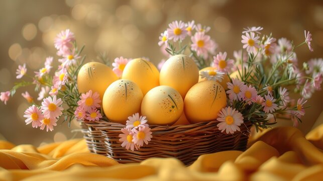  a basket filled with yellow eggs sitting on top of a bed of yellow fabric next to a pile of pink and white daisies and daisies on top of yellow fabric.