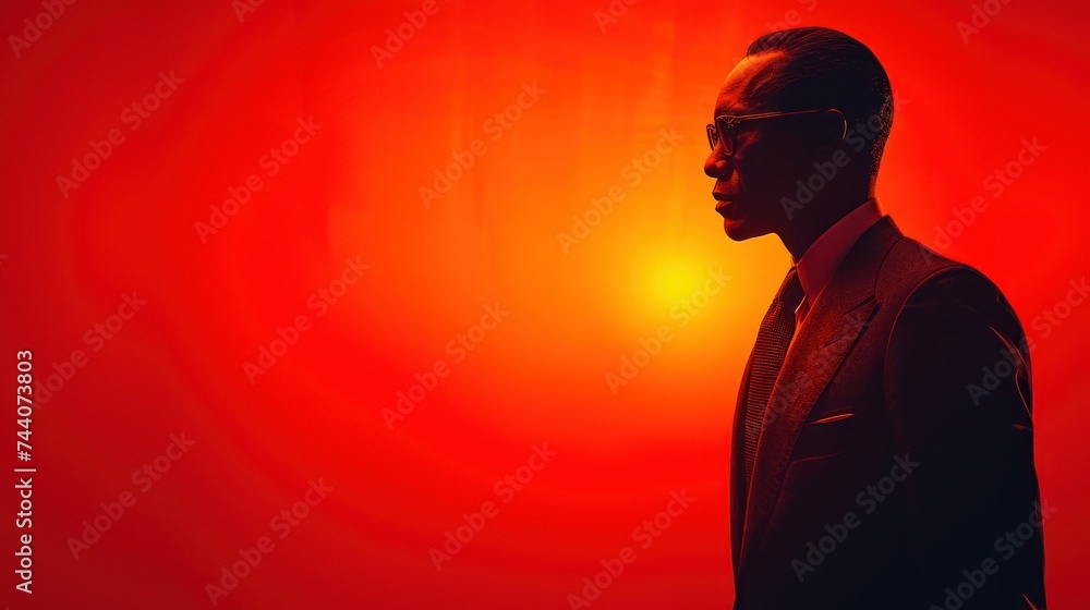 Poster a man in a suit and tie standing in front of a red background with the sun shining down on the man i