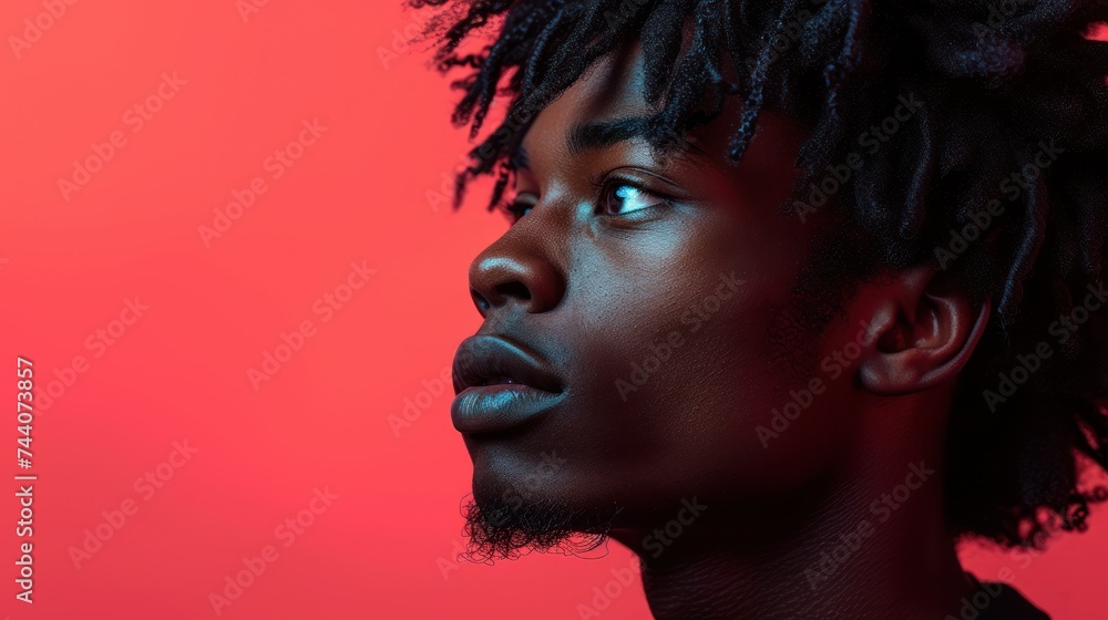 Poster a close up of a person with dreadlocks looking off to the side with a red background and a red light