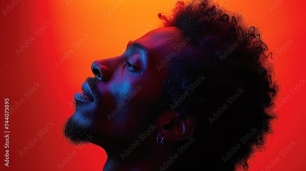 Poster a close up of a person's face with a red and blue light in the background and a red background with 