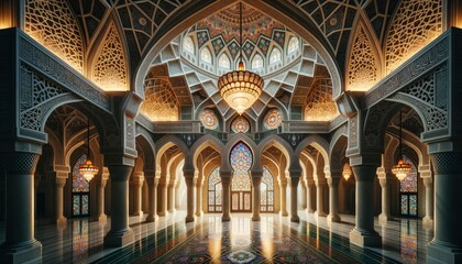 Showcasing an intricately designed Islamic architectural masterpiece with detailed mosaics, arched doorways, and a beautiful chandelier.AI Generative - obrazy, fototapety, plakaty