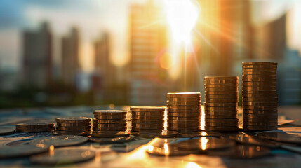 Stack of coins in graph chart shape with cityscape in background. Financial and wealth concept