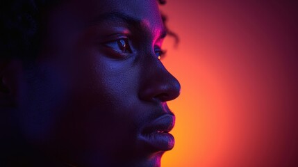  a close up of a person's face with a red and blue light in the background and a black woman's face with blue and red light in the background.