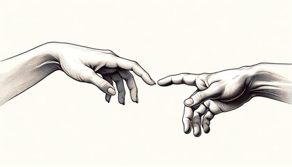 Illustration of two hands, one from the left and one from the right, fingers outstretched and almost touching, capturing a poignant moment of connection, unity, and longing. AI Generated