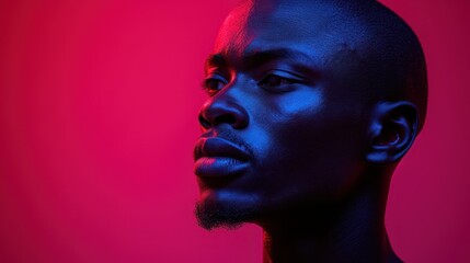  a close up of a person's face with a red and blue light shining on the side of his face and behind him is a black man's head.