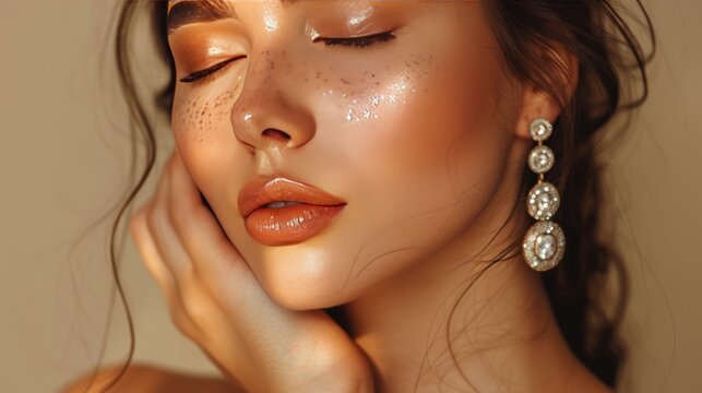 Golden hour glow highlighting subtle makeup and elegant earrings
