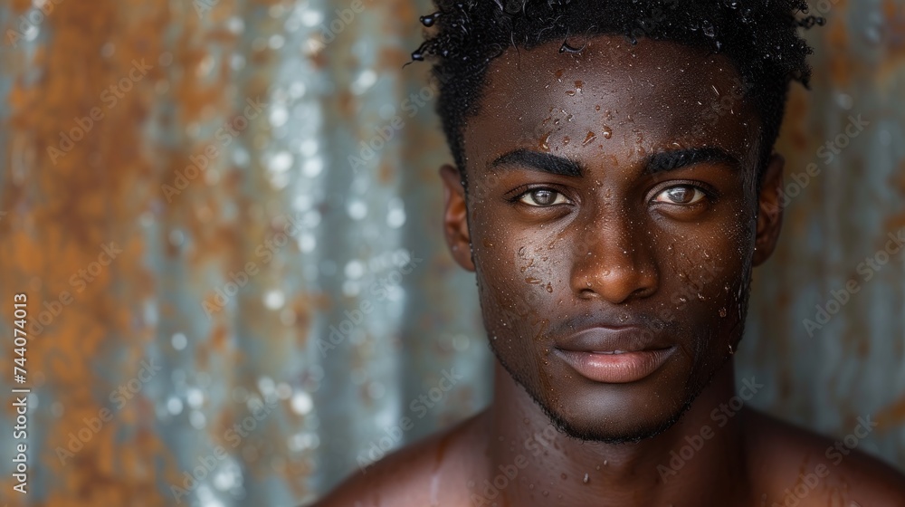 Poster a close up of a man with freckles on his face and a curtain behind him with a curtain behind him and