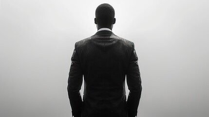  a black and white photo of a man in a suit standing in front of a foggy sky with his back to the camera and his hands in his pockets.