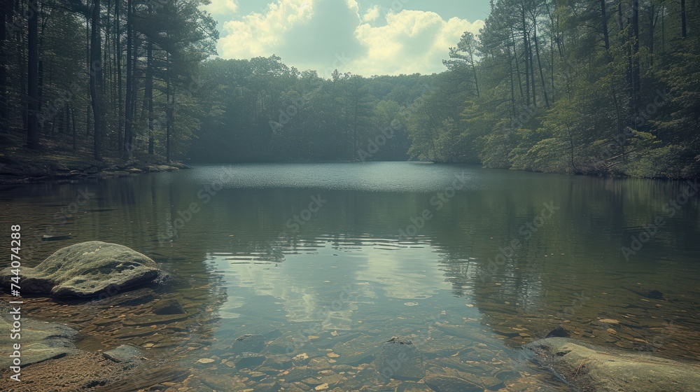 Poster  a lake in the middle of a forest with a rock in the foreground and a few trees in the background with a few clouds in the sky above the water.