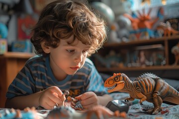 A curious toddler delights in his imaginative world, as he plays with a variety of toys including...