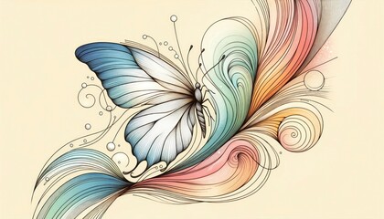 Drawing of a finely outlined butterfly soaring gracefully, intertwined with abstract pastel-colored shapes that bring a sense of movement and fluidity to the composition. AI Generative - obrazy, fototapety, plakaty