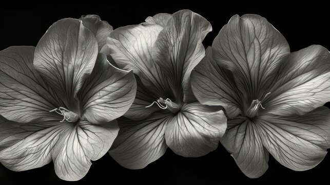  a black and white photo of three flowers on a black background, with one large flower in the middle of the picture and one small flower in the middle of the picture.