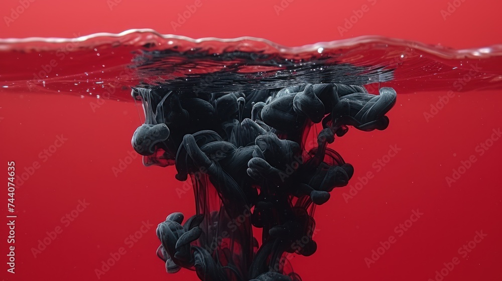 Poster  a red background with a black substance floating in the water and a red background with a black substance floating in the water and a black substance floating in the water.