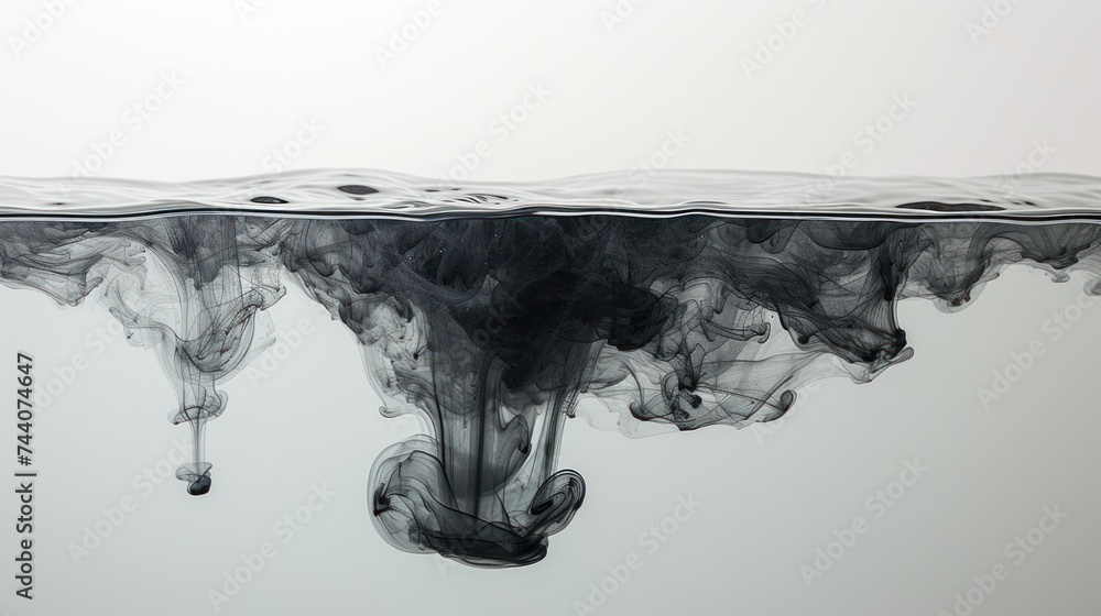 Poster a group of black smokes floating in a body of water with a drop of water on the bottom of the image 