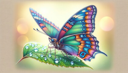 Drawing of a majestic butterfly, showcasing vibrant colors and detailed wing designs, perched gracefully on a dew-kissed leaf with a soft background. AI Generative