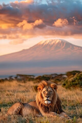 Lion portrait on savanna landscape background and Mount Kilimanjaro at sunset. Panoramic version