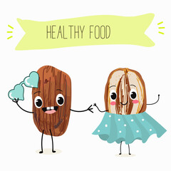 Cute  cartoon dates, date fruit characters with different activities. Flat vector illustration, funny fruits. Organic food.