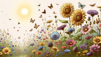 Obraz na płótnie Canvas A tranquil meadow with wildflowers and sunflowers, accompanied by butterflies and bees. AI Generated