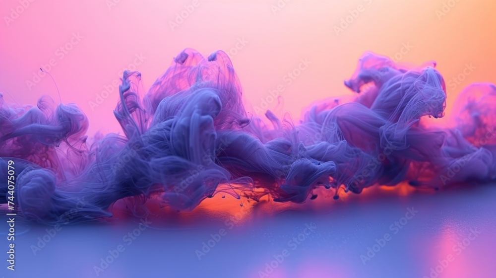 Poster a lot of purple smoke floating in the air on a purple and pink background with a light reflection on