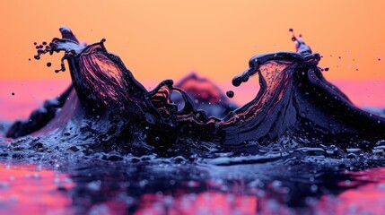  water splashing on top of each other in front of an orange and pink sky with a pink sky in the back ground and a pink and orange sky in the background.