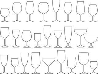 Wine glasses icons set simple symbol of bar, restaurant. isolated on transparent background. Various wine glassline vector black silhouette collection for mobile concept and web design.