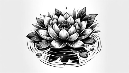 A serene and spiritual lotus flower blooming on a pond with reflections and ripples. AI Generated - obrazy, fototapety, plakaty