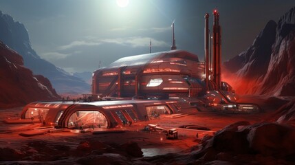 Futuristic research station on Mars, human colony. Concept of red planet colonization and space travel - obrazy, fototapety, plakaty