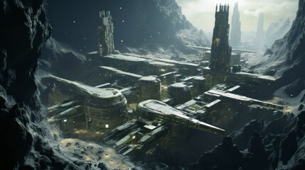 Asteroid mining colony, where advanced machinery extracts valuable resources from space rocks to fuel. Future of human civilization concept - obrazy, fototapety, plakaty