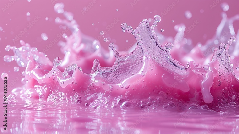 Poster a close up of a pink liquid splashing on top of a body of water with drops of water on the bottom of