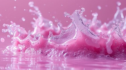  a close up of a pink liquid splashing on top of a body of water with drops of water on the bottom of the image and bottom of the image.