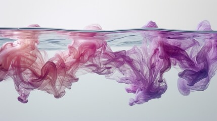  a group of pink and purple smokes floating in a body of water with a wave of water in the bottom right side of the picture and bottom half of the photo. - obrazy, fototapety, plakaty