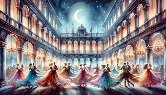 A watercolor painting portraying a moonlit masquerade ball, with dancers in vibrant costumes and the ambiance lit by golden chandeliers. AI Generative