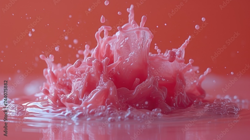 Poster a close up of a pink liquid splashing into the water on a red background with a reflection of the wa