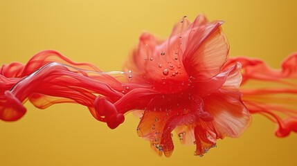  a close up of a red flower with drops of water on it and a yellow background with a drop of water on the bottom of the flower and a drop of water on the bottom of the flower.