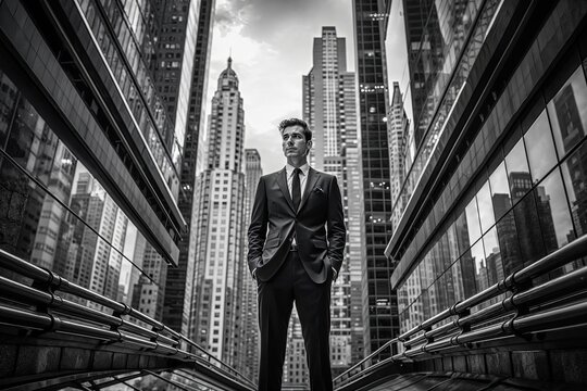 A black and white photo of a man in a suit standing confidently between tall skyscrapers, with a dramatic cityscape in the background. The scene exudes power, ambition, and determination.