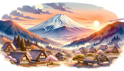 A picturesque scene featuring the majestic Mount Fuji during sunset, with a traditional village in the foreground. AI Generated - obrazy, fototapety, plakaty