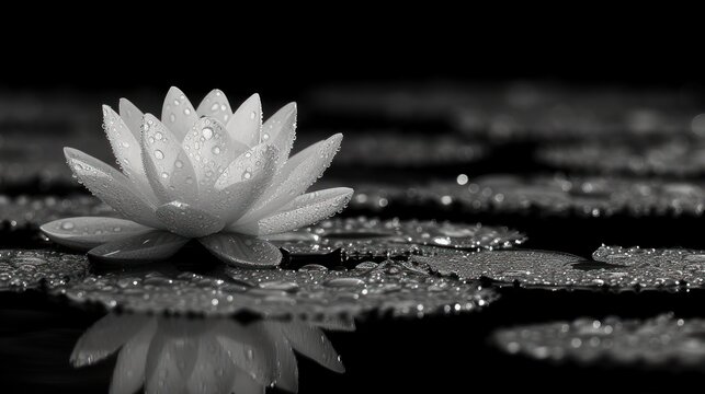  a black and white photo of a water lily in the middle of a pond of water with drops of water on top of the lily pads and on the bottom of the water.