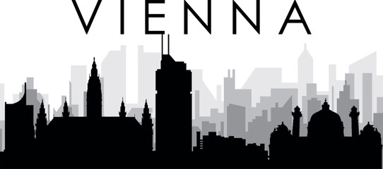 Obraz premium Black cityscape skyline panorama with gray misty city buildings background of the VIENNA, AUSTRIA with a city name tag